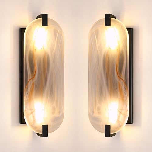 RAINLIGHTING 2 Pack 2 Light Oval Red Frosted Glass Bathroom Wall Sconce Modern Concise Style Wall Light Fixture,Black Finish for Bedroom Hallway Bedside