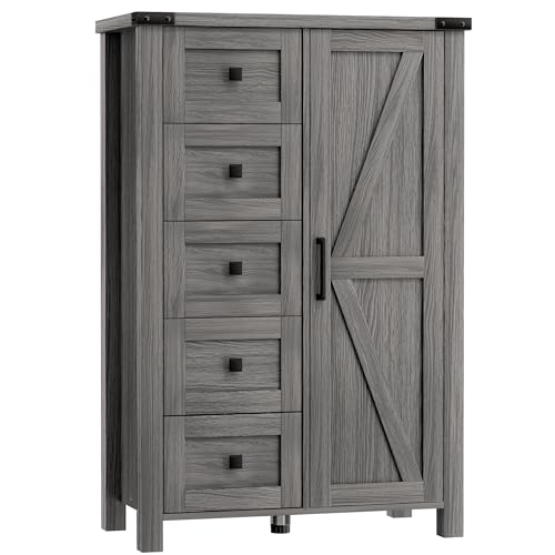 VVFLU Farmhouse Dresser Storage Cabinet Chest of Drawer for Bedroom 5 Drawer Dresser with Barn Door 48 Inch Tall Grey Wood Dresser Adjustable Shelves Rustic for Living Room Entryway Hallway
