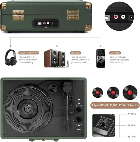 Image of Vinyl Record Player Bluetooth Turntable 3-Speed Suitcase Portable Vintage Belt-Driven Record Player with Built-in Speakers RCA Line Out AUX in Headphone Jack Military Green