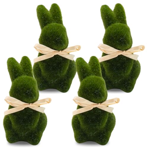 4Pcs Moss Easter Bunny Decor Green Artificial Moss Bunny Figurines Rabbit Statues for Table Decorations Tabletop Centerpiece Spring Home Office Decor Easter Party Decorations Indoor Outdoor