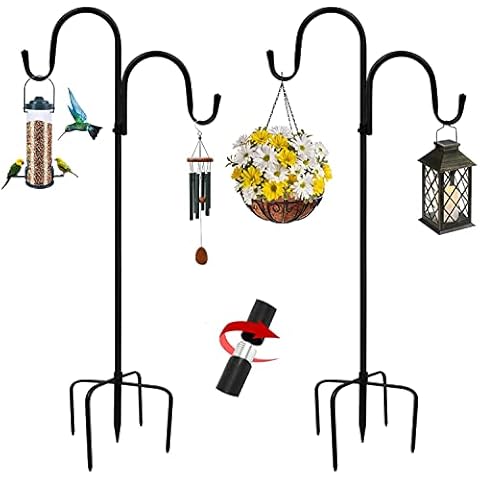 2 Pack Shepherds Hook, 63 Inch Double Adjustable Height Outdoor Bird Feeder Pole, Rust Resistant Garden Shepherd's Hook with 5 Prong Base for Plant Hangers,Flower Baskets,Light Lanterns Cover