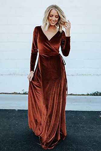 Maxianever Women's Velvet V Neck Bridesmaid Dresses Long Sleeve with Slit A Line Formal Wedding Guest Gown2