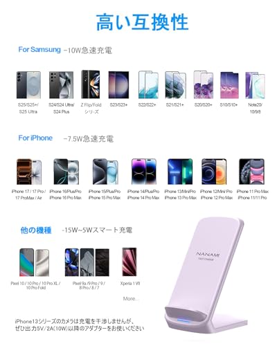 NANAMI ワイヤレス急速充電器 (USB-C 20W出力の急速充電器に昇進) 置くだけ充電器 セット 7.5W/10W/15W iPhone 17/16/15/14/13/12シリーズ/SE第三世代/11(Pro)/8(Plus) Galaxy S25/S24/S23/S22/S21(Ultra) Pixel 10 各機種対応 (Qi/PSE認証済) 新生活応援 春のギフト 薄藤色