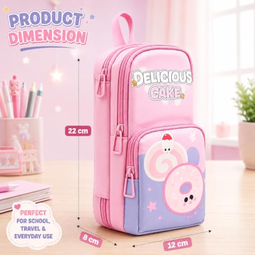 Image of Alokik Cute Pink 3 Compartment Pencil Pouch for Girls, Large Capacity Stationery Organizer with Zipper, Multi Pocket Pouch for Kids, Students & Office UseCute Food Theme Design (Delicious Cake Pouch)