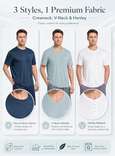 Image of SlumberMee Mens Cooling Pajamas Set Soft Bamboo-like Viscose Short Sleeve Sleepwear 2 Piece Lounge Set for Hot Sleepers