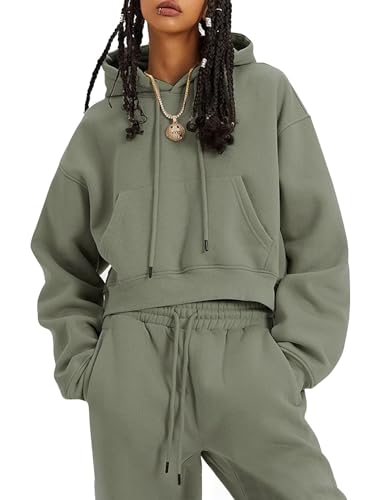 Flygo Womens Fleece 2 Piece Outfits Sweatsuit Crop Pullover Sweatshirt Joggers Pants Tracksuit Set