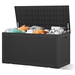 PayLessHere Deck Box 100 Gallons Waterproof Storage Box Bench with keyhole for Outdoor Garden Pool Patio Storage,Black