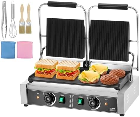 VEVOR Commercial Panini Grill, 3600W Electric Sandwich Panini Maker, Stainless Steel Double Sandwich Press Grill, Panini Grill with Temp Control & 19"x9" Flat Enamel Plate for Hamburger Steak Bacon