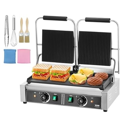 VEVOR kommerzieller Panini-Grill, elektrischer Panini-Sandwich-Maker mit 3600 W, Doppel-Sandwich-Grill aus Edelstahl, Panini-Grill mit Temperaturregelung und emaillierter flacher 19"x9"
