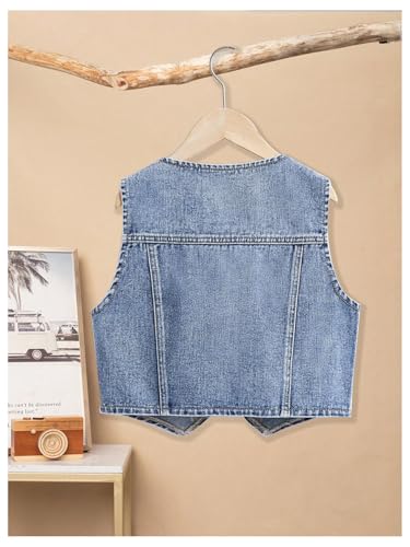 Floerns Girl's Button Down Denim Vest V Neck Sleeveless Asymmetrical Jean Jacket2
