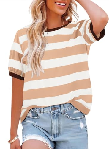 Womens Tops Cotton Casual Color Block Striped Short Sleeve Shirts Crewneck T Shirts Loose Basic Tee...