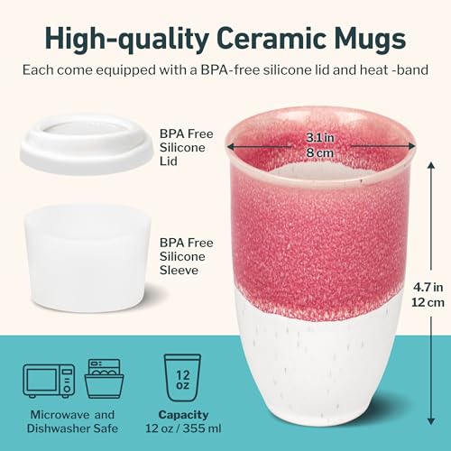 Image of NOVA CERAMICS Travel Mugs - Ceramic Tumbler With Lid - Ceramic Travel Mug To Go Cup - Microwave & Dishwasher Safe Ceramic Coffee Tumbler - Gifts For Women Men Him Her - 12oz - Coral Pink