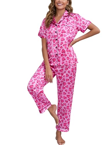 Image of UMBY Silk Satin Pajamas for Women Set 2 Piece button down Soft Silk Pjs Sets Cozy Silky Pajama Short Sleeve