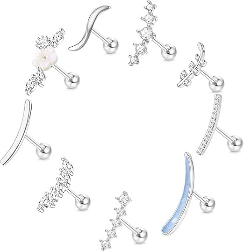 Hypoallergenic Cartilage Earrings for Women - Surgical Stainless Steel Earrings for Sensitive Ears 16G Stud Cartilage Earring Sets for Multiple Piercing Helix Conch Tragus Piercing Jewelry Silver-tone