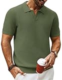 PJ PAUL JONES Polo Shirt MenTextured Knit Short Sleeve V Neck Shirt Casual Business Work Shirts Army Green M