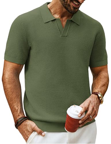 PJ PAUL JONES Polo Shirts for Men Short Sleeve V Neck Knit Texture Polo Knitted Shirt Summer Beach M Army Green