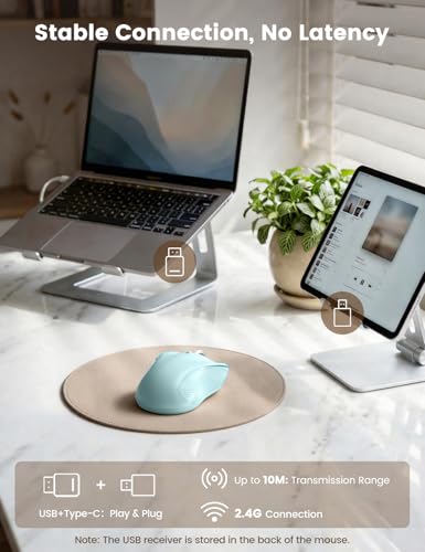 Image of WisFox 2.4G Wireless Mouse for Laptop, Ergonomic Computer Mouse with USB Receiver and Type-C Adapter, 3 Adjustable Levels DPI, 6 Button Cordless Wireless Mice (Baby Blue)