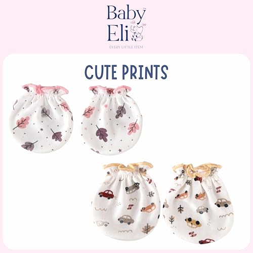 Image of Baby Eli Cotton Newborn Mittens (Picot Wrist) Set of 6 for Baby Boys & Girls 0-6 Months | Soft and Cozy Unisex Infant Gloves | Assorted Baby Hand Gloves | Adjustable Scratch Protection