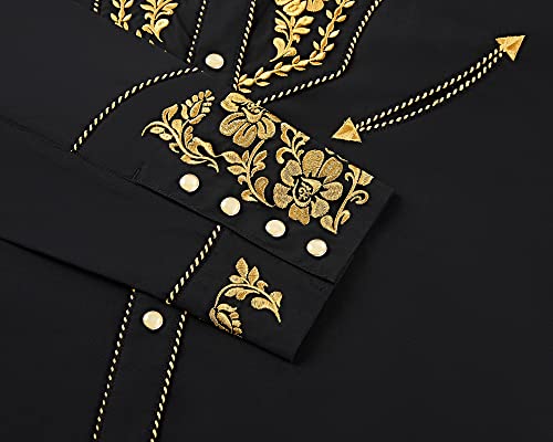 SALVAJE OESTE Men's Western Cowboy Shirt - Embroidered Rose Design, Snap Buttons, Black-Yellow, Medium - View #4