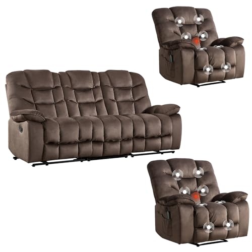 HAOMARKETS 3 Pieces Recliner Sofa Furniture Set, Include 2 Power Recliner Chairs with Message&Heat and a 3-Seater Reclining Couch for Living Room, Brown - Thumbnail 7