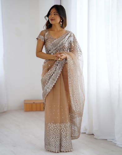 Image of SIRIL Women's Net Sequence Embroidered Saree With Unstitched Blouse