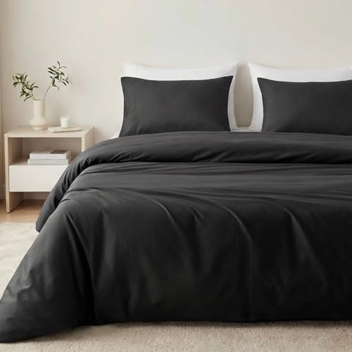 HeimenAogo Egyptian Cotton Duvet Cover King Size Sateen Weave Silky Soft and Breathable Bedding Set with Zipper Closure Long Staple Cotton Bed Linen Moonless Night Black 3Pcs