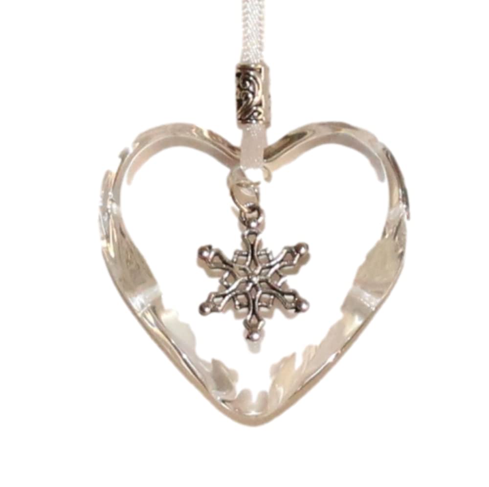 The Heart Shack White Ribbon Glass Heart Keepsake On With Small Snowflake Charm