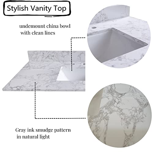 Leastone 43‘’X22 Inch Bathroom Stone Vanity Top Engineered Stone Carrara White Marble Color With Rectangle Undermount Ceramic Sink And 3 Pre-Drilled Hole With Back Splash thumb #2