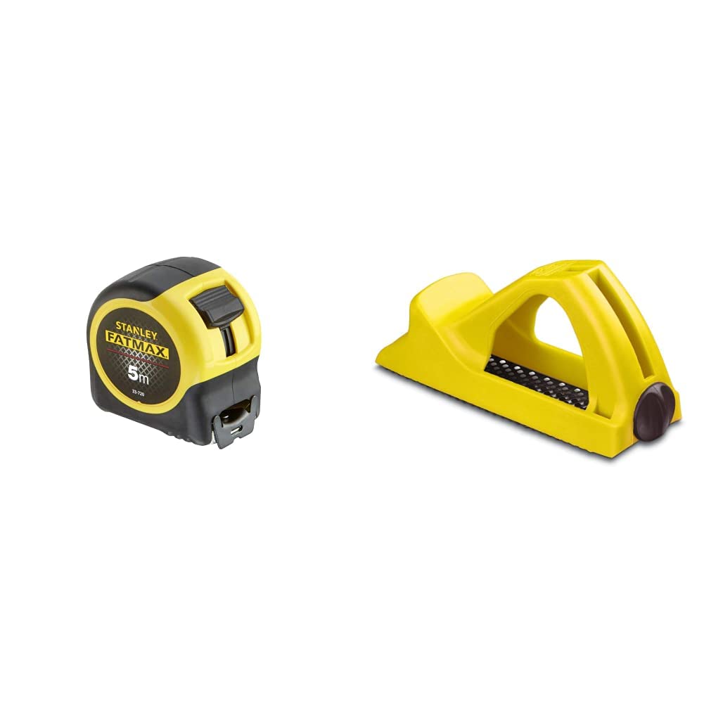 STANLEY 0-33-720 Flexómetro Bladearmor, 5 metros + Surform Cepillo Corto plástico 155mm 5-21-104, Negro/Amarillo, 155 mm