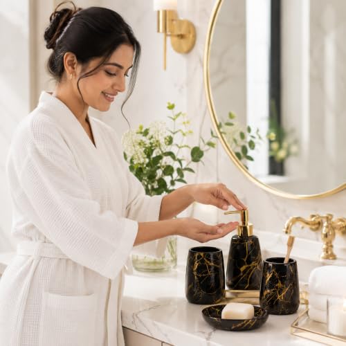 Image of Market99 Black Ceramic Bathroom Set of 4 - Stone Finish | Matte Cylindrical Bath Accessories | Bathware Set | Washroom Accessories | Luxury Gift Accessory for Home, Bathroom Decor