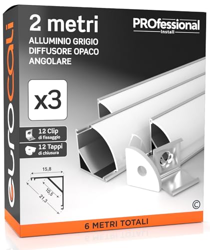Eurocali 3x Profili Angolari da 2 metri (6mt) in Alluminio per Strisce LED Schermatura Opaca Angolo 45° ingombro max striscia led 10.5mm - 15.8 x 15.8