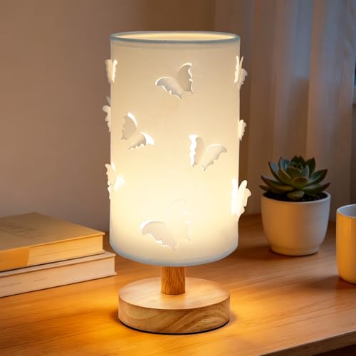 JAIZAIWJ 3D Butterfly Lamp, Cute Princess Lamp for Girls Bedroom, 3-Color Dimmable Light with Wood Base & Adjustable Brightness, Kids Teen Decor Table Lamp for Living Room and Bedside