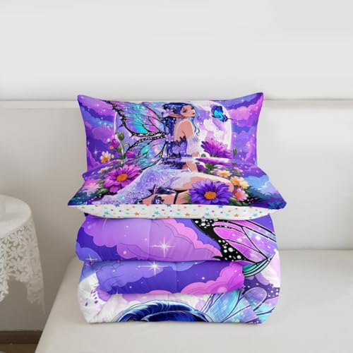 Image of Erosebridal Fairy Girl Bedding Sets Full - Flower Fairytale Comforter Set for Kids Adults Blue Butterfly Floral Decor Duvet Insert Purple Galaxy Moon Quilt
