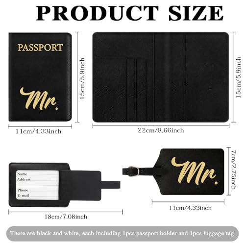 Mr and Mrs Passport Holder and Luggage Tags Set, Bridal Shower Gift Wedding Gift for Couples Newlyweds Engagement Gift Mr and Mrs Gifts Honeymoon Travel Essentials for Women Men (Black & White)3