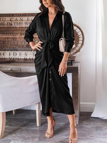 Image of BTFBM Summer Dresses for Women 2026 Long Sleeve V Neck Button Down Elegant Belted Ruched Satin Silk Shirt Spring Dress