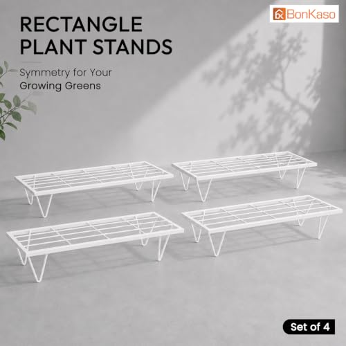 Image of BonKaso Heavy Duty Rectangle Plant Stand: 60.9X 20.3 x 12.7 cm, White - Set of 4, Modern Design for Indoor & Outdoor Use, Sturdy, Anti-Rust Planter Stand for Garden, Balcony, Patio