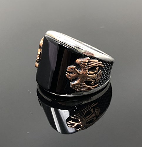 KAR Handmade 925 Sterling Silver Black Onyx Double Head Eagle Men's Ring-US K64T3
