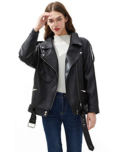 LY VAREY LIN Women Black Faux Leather Jackets Zipper Casual Short Coat Turn-down Collar Motor Biker Jacket with Belt2