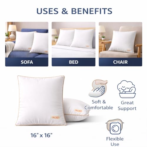 Image of Orchid Cushion Inserts for Sofa 24x24 Inch Pack of 4, Microfiber Filled Soft Square Cushions for Couch, Chair, Bed & Decorative Covers, Fluffy Support Pillow Pads, White