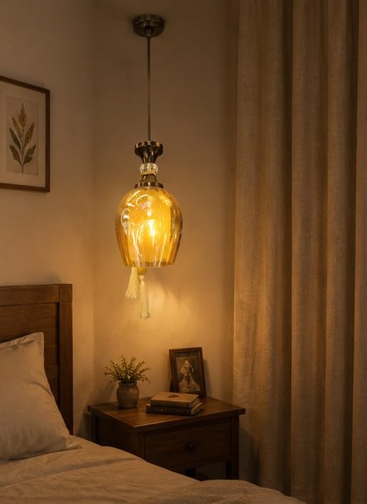 Image of kinis Amber Glass Pendant Light for Ceiling | Modern Hanging Lamp for Dining Room, Living Room, Kitchen Island, Bedroom, Cafe, Restaurant & Home Decor (Pack of 1, with Bulb)