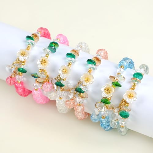 6Packs Colorful Flower Crystal Bracelets,Handmade Stretch Bracelet Floral Beaded Bracelets for Women Jewelry4