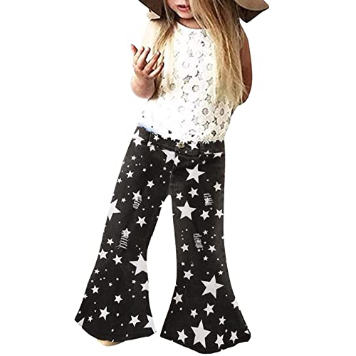 Girls Clothes Denim for Kids Baby Stars Trousers Pants Printed Flare Toddler Bottom Ruffle Ripped Girls Bell Jeans (Black, 4-5 Years)