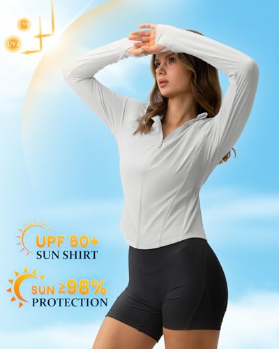 GYM RAINBOW Womens Light Athletic Workout BBL Jacket Long Sleeve Quick Dry UV Hooded Sun Shirt Cropped Tops for Women(#1 Light Grey,X-Small) — view 4
