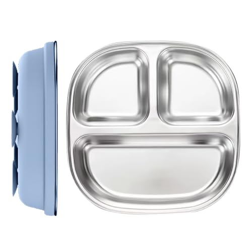Assiettes pour Tout-Petits | Assiettes Anti-Glisse pour Tout-Petits avec Séparateurs | Assiettes Réutilisables en Acier Inoxydable avec Ventouse, Bol...