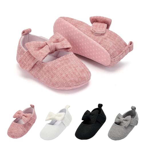 BACSAC Baby Girls Mary Jane Flats with Bow Soft Sole Non-Slip Crib Shoes Infant Toddler First Walkers Princess Dress Shoes Pink，6-12 Months