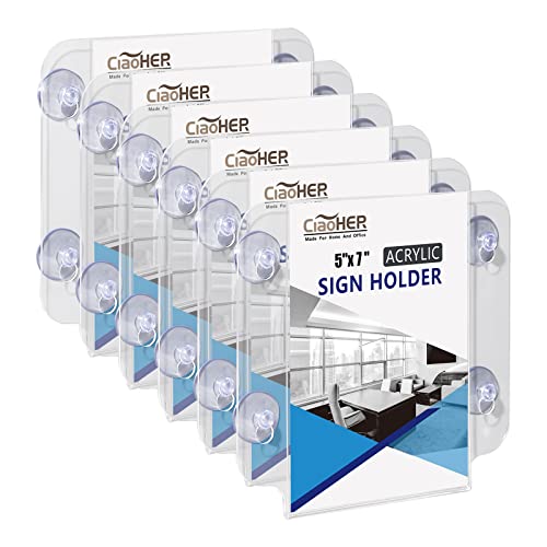 CiaoHER Acrylic Sign Holder 5 x 7, Clear Acrylic Frames Glass Window Wall Mount Advertising Signage Sign Holder with 4 Suction Cups for Mall, Office, Home, Restaurant, Vertical（6 Pack）