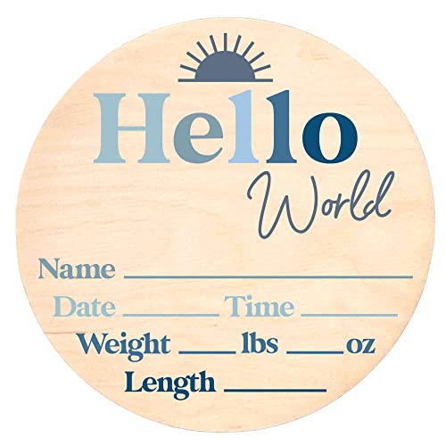 Image of Hello World Newborn Sign - Baby Name Birth Announcement Plaque for Hospital - Photo Prop - Nursery Decor - Shower Gift