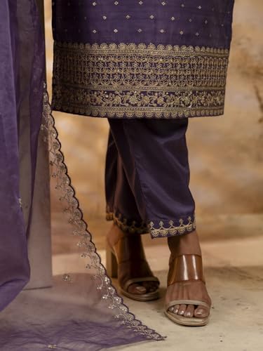 Image of VredeVogel Women's Chanderi Silk Embroidered Kurta with Pant & Organza Dupatta Set | Casual Outfit Ethnic Kurta Set for Women | Modern & Traditional Blend Ethnic Wear