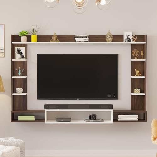 Image of BLUEWUD Orelia Wall Mount TV Unit, TV Stand /TV Entertainment Unit, TV Cabinet | TV Panel with Shelves for Soundbar & Decor Display Unit Bedroom Living Room Upto 60 Inches - DIY (Brown Maple & White)