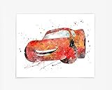Lightning McQueen Prints, Cars Disney Watercolor, Nursery Wall Poster, Holiday Gift, Kids and Childr